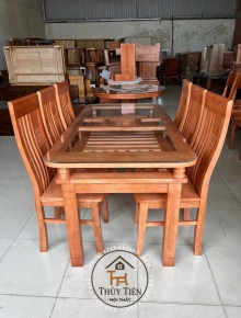 Bàn ăn vuông gỗ sồi 2 tầng 6 ghế - BAV2T 003