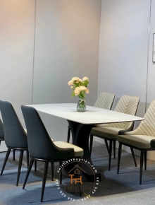 Bộ Bàn Ăn Mặt Đá Cao Cấp 4/6/8 Ghế Xương Cá bọc da PU cao cấp , Thiết Kế Hiện Đại