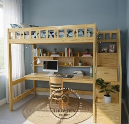 Giường Tầng Kèm Bàn Học Cao Cấp Luster Gỗ Thông Tự Nhiên 100%