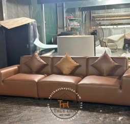  Sofa da thiết kế 3 chỗ màu nâu camel sang trọng, kiểu dáng tối giản nhưng tinh tế