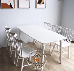 Bộ bàn ăn gỗ cao su 7 nan màu trắng