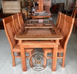 Bàn ăn vuông gỗ sồi 2 tầng 6 ghế - BAV2T 003