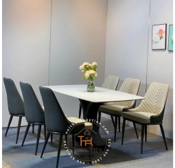 Bộ Bàn Ăn Mặt Đá Cao Cấp 4/6/8 Ghế Xương Cá bọc da PU cao cấp , Thiết Kế Hiện Đại