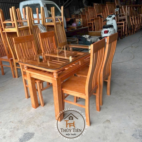Bàn ăn vuông gỗ sồi 2 tầng 6 ghế - BAV2T 003