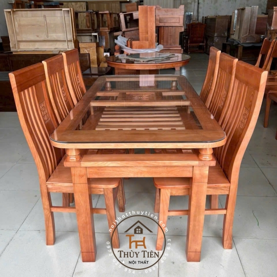 Bàn ăn vuông gỗ sồi 2 tầng 6 ghế - BAV2T 003