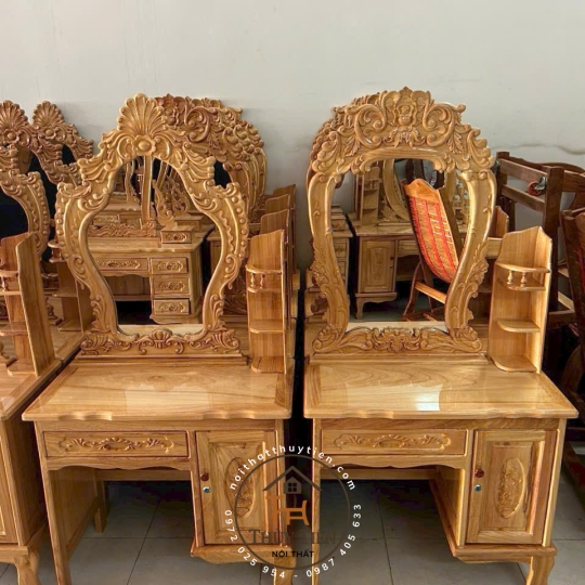 Bàn trang điểm gỗ gõ ngang 80cm kèm ghế
