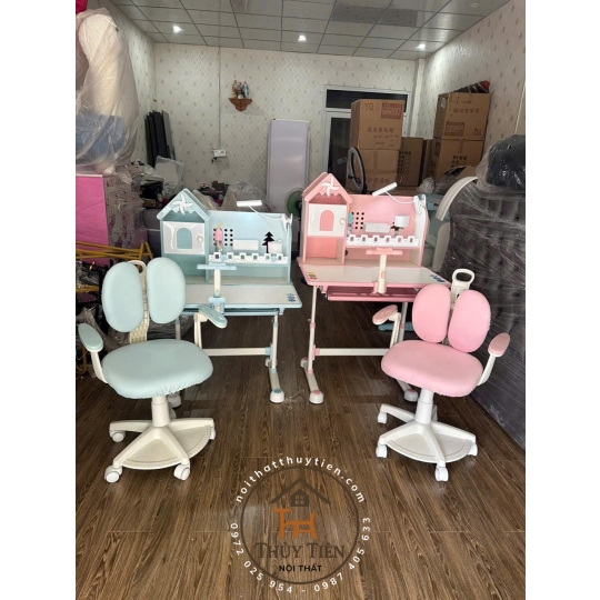 Bộ bàn học sinh- Bàn học sinh chống gù, chống cận,  có kệ sách mới, ghế xoay 360 độ có bánh xe