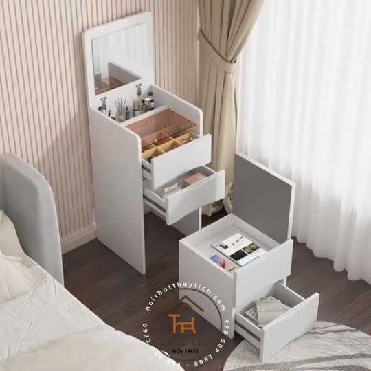 Bàn trang điểm thông minh gấp gọn đa năng gỗ MDF hàng sơn 2K màu chuẩn đẹp kèm gương led 3 màu