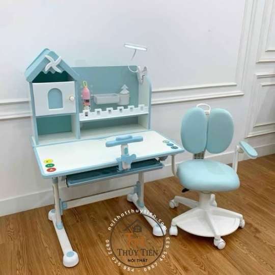Bộ bàn học sinh- Bàn học sinh chống gù, chống cận,  có kệ sách mới, ghế xoay 360 độ có bánh xe