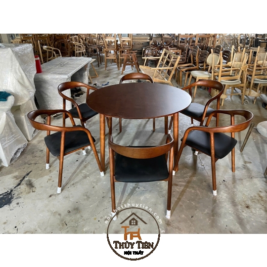 Bộ bàn ăn tròn 6 ghế gỗ ash cao cấp sơn màu óc chó