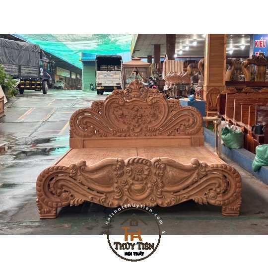 Giường gõ zin chạm hoa hồng