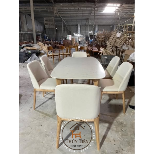 Bộ bàn ăn đá nhân tạo và ghế Grace mặt nệm cao cấp hiện đại