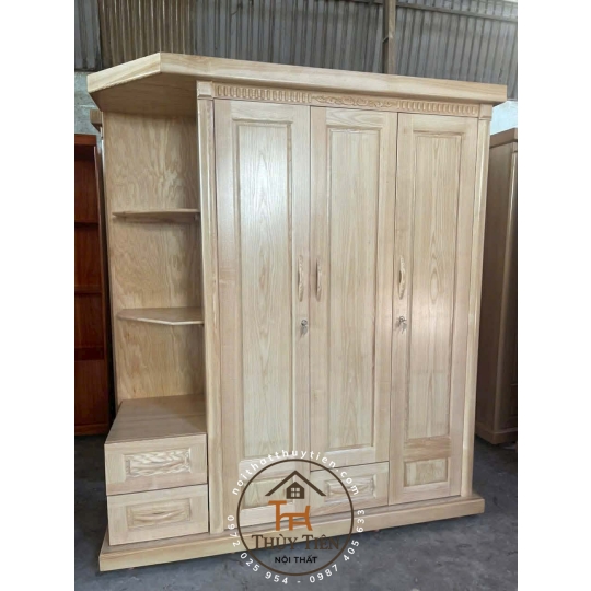 Tủ quần áo gỗ sồi thịt có kệ ngoài