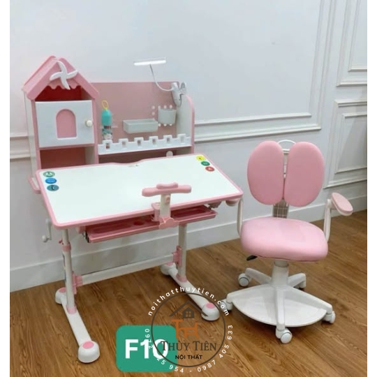 Bộ bàn học trẻ em F10 (bao gồm ghế) thông minh có ghế xoay 360 có bánh xe khóa tự động an toàn cho bé ngồi học
