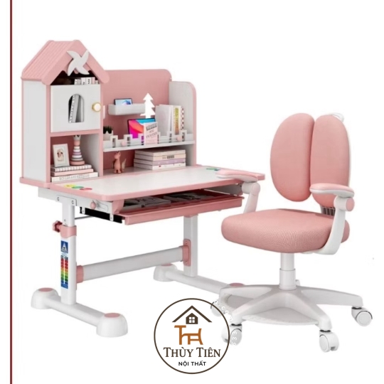 Bộ bàn học trẻ em F09 (bao gồm ghế) thông minh có ghế xoay 360 có bánh xe khóa tự động an toàn cho bé ngồi học