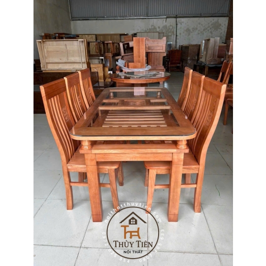 Bàn ăn vuông gỗ sồi 2 tầng 6 ghế - BAV2T 003