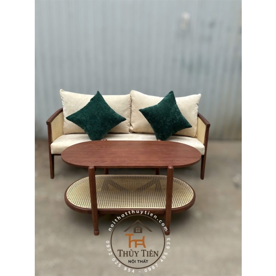 Sofa gỗ kết hợp mây mắt cáo
