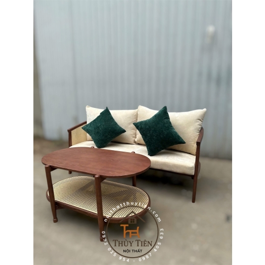 Sofa gỗ kết hợp mây mắt cáo
