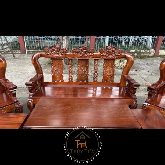 Bàn Ghế Gỗ Tràm Nghê đỉnh tay rồng 12- BGGT 013