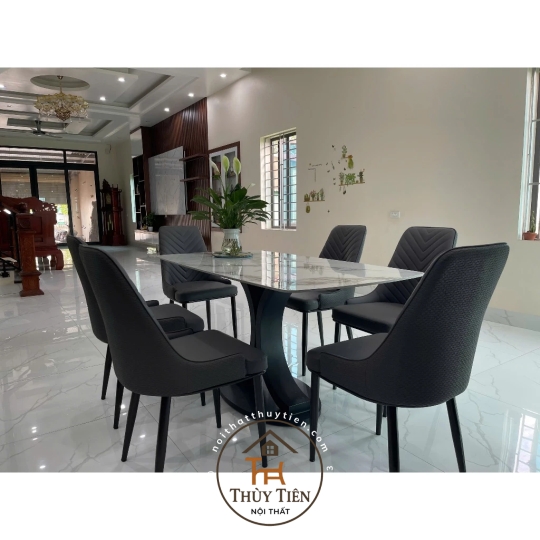 Bộ Bàn Ăn Mặt Đá Cao Cấp 4/6/8 Ghế Xương Cá bọc da PU cao cấp , Thiết Kế Hiện Đại