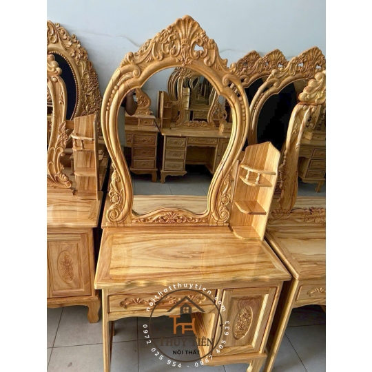Bàn trang điểm gỗ gõ ngang 80cm kèm ghế
