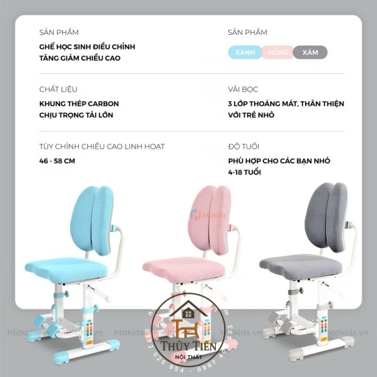 Ghế học sinh chống gù tăng giảm chiều cao  có miếng đệm êm giúp bé có tư thế ngồi đúng, thoải mái