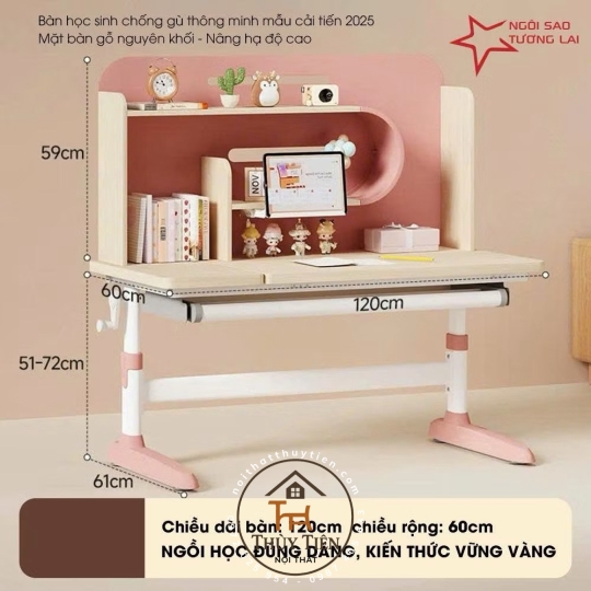 Bàn học sinh thông minh NSTL thiết kế công thái học, chống cận chống gù mặt bàn gỗ nguyên khối 120cm