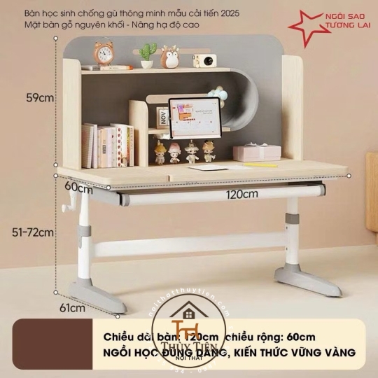 Bàn học sinh thông minh NSTL thiết kế công thái học, chống cận chống gù mặt bàn gỗ nguyên khối 120cm