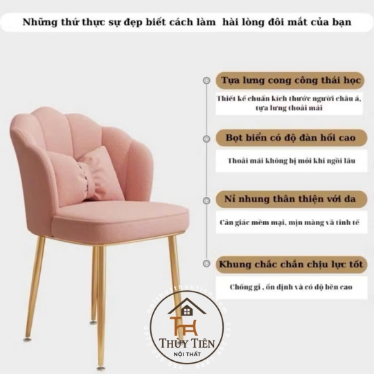 Ghế Vương Miện Thiết Kế Nỉ Nhung Cao Cấp, Kèm Gối Nơ Tinh Tế, Phù Hợp Cho Bàn Makeup và Làm Nail Sang Trọng