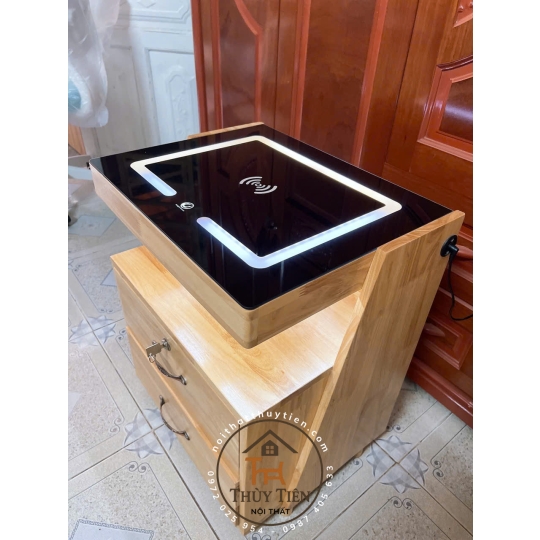 Tủ đầu giường gỗ cao su kiêm loa bluetooth kết hợp sạc điện thoại ko dây có ngăn ẩn giấu tiền thẻ từ 