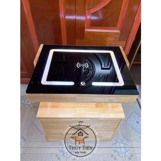 Tủ đầu giường gỗ cao su kiêm loa bluetooth kết hợp sạc điện thoại ko dây có ngăn ẩn giấu tiền thẻ từ 