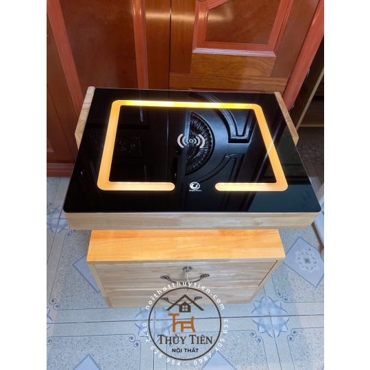 Tủ đầu giường gỗ cao su kiêm loa bluetooth kết hợp sạc điện thoại ko dây có ngăn ẩn giấu tiền thẻ từ 