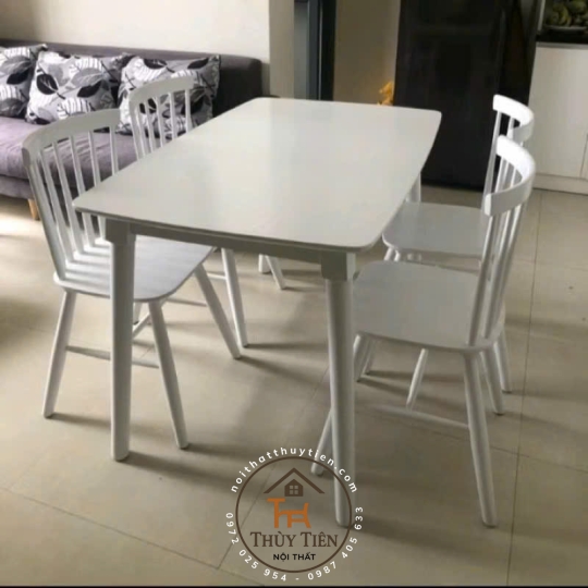Bộ bàn ăn cao su 7 nan 4 ghế 6 ghế màu trắng giá rẻ
