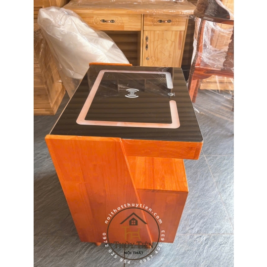 Tủ đầu giường gỗ cao su kiêm loa bluetooth kết hợp sạc điện thoại ko dây có ngăn ẩn giấu tiền thẻ từ 