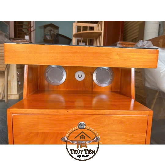 Tủ đầu giường gỗ cao su kiêm loa bluetooth kết hợp sạc điện thoại ko dây có ngăn ẩn giấu tiền thẻ từ 
