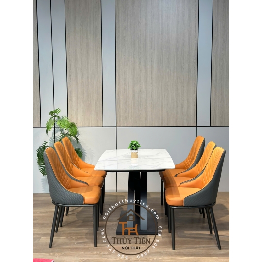 Bộ Bàn Ăn Mặt Đá Cao Cấp 4/6/8 Ghế Xương Cá bọc da PU cao cấp , Thiết Kế Hiện Đại