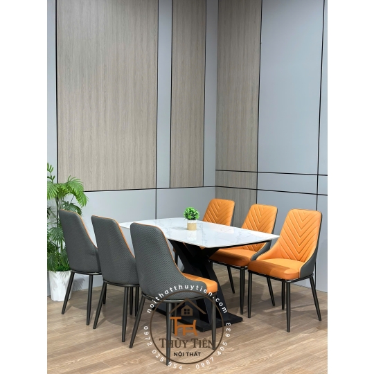 Bộ Bàn Ăn Mặt Đá Cao Cấp 4/6/8 Ghế Xương Cá bọc da PU cao cấp , Thiết Kế Hiện Đại