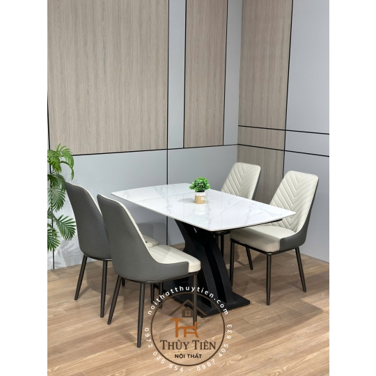 Bộ Bàn Ăn Mặt Đá Cao Cấp 4/6/8 Ghế Xương Cá bọc da PU cao cấp , Thiết Kế Hiện Đại